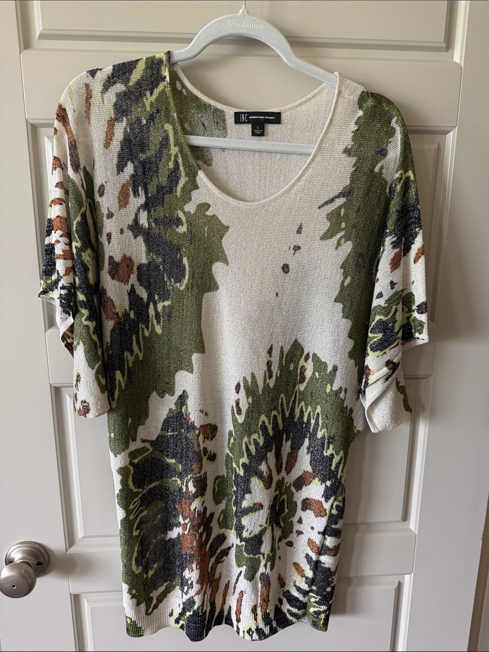 INC International Concepts Olive, Ivory & Brown Abstract Floral Knit Tee